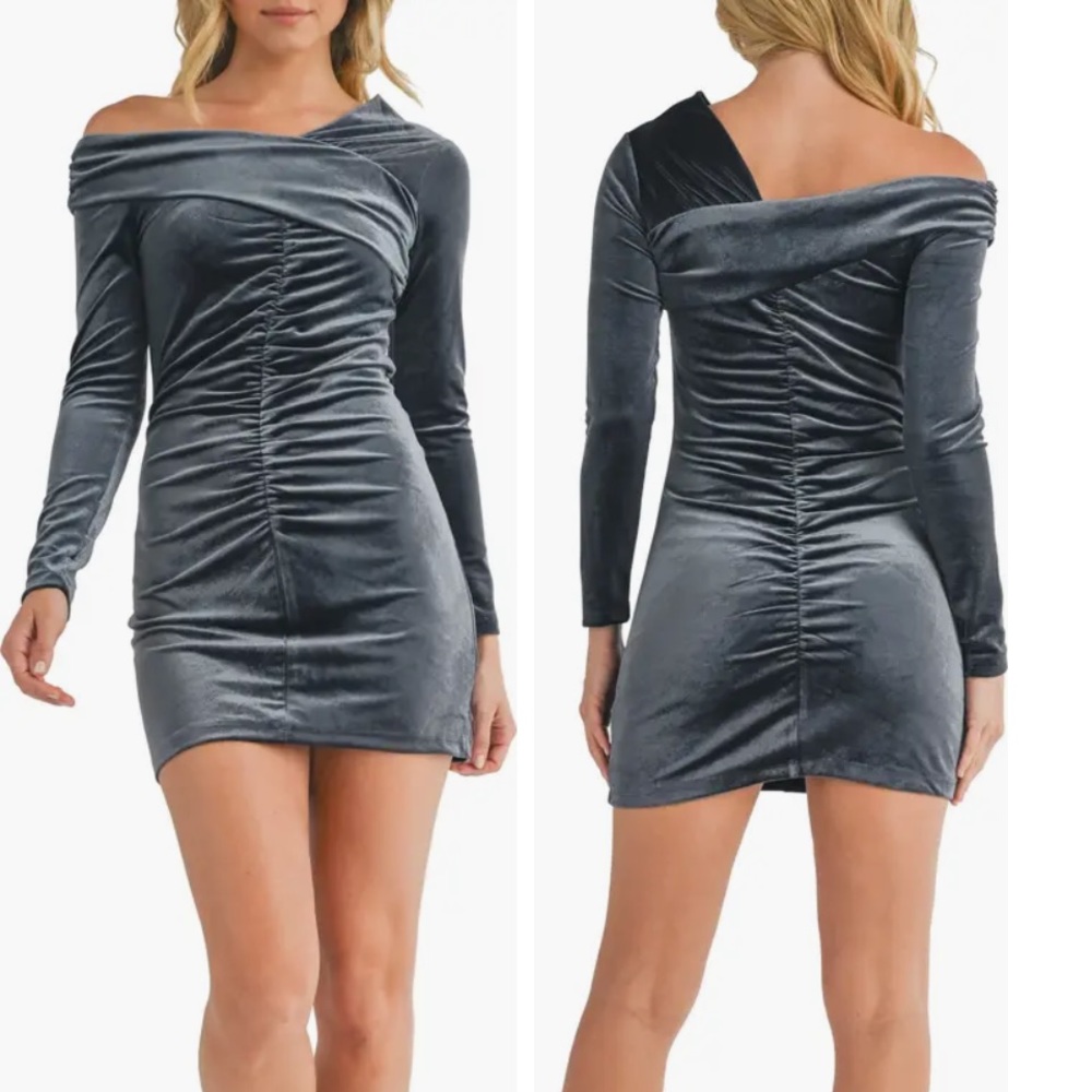 LUSH Ruched Long Sleeve Velvet Minidress